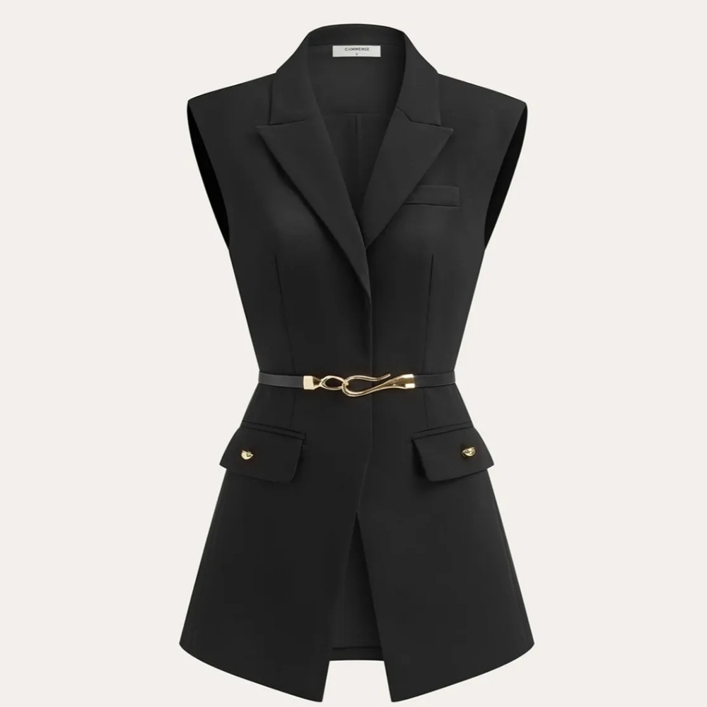 COMMENSE Belted Cap Sleeve Vest Black Large